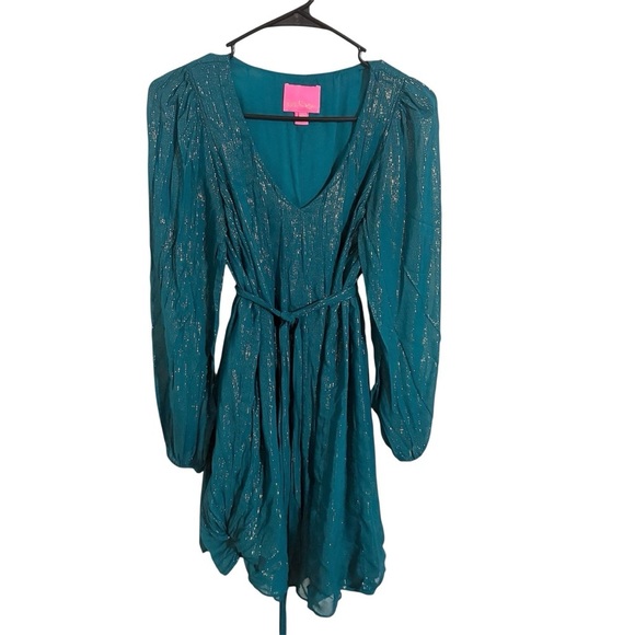 LILLY PULITZER KALIANNA DRESS *VALENCIA TEAL* METALLIC STRIPE | Long Sleeve | XS - Picture 2 of 4